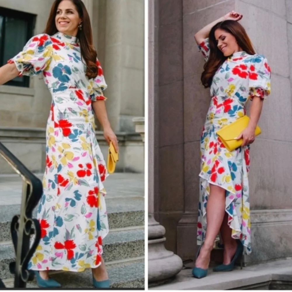 Rixo white Floral multicolored Mock Neck Cascade Ruffle Dress short sleeves sz 6 - Picture 10 of 16